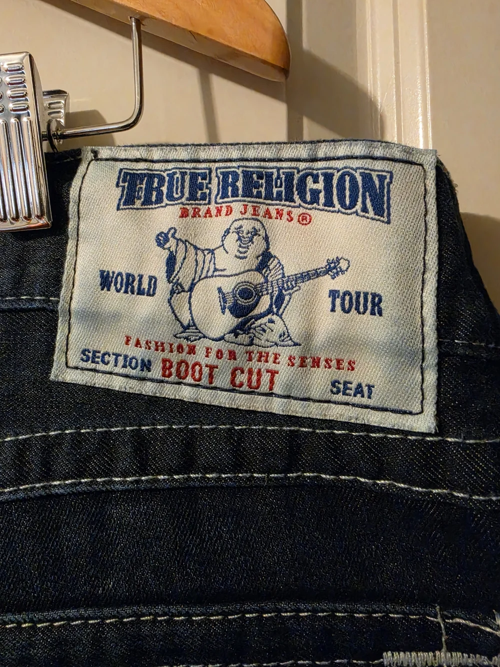 True Religion Men’s Dark Blue Bootcut Jeans with Contrast Stitching